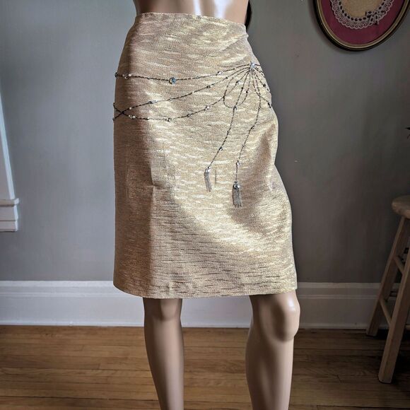 NWT Y2K Kelly and Diane Mini Skirt Pencil Slit Gold Beaded Bow Tassel Size 6 - Picture 12 of 13